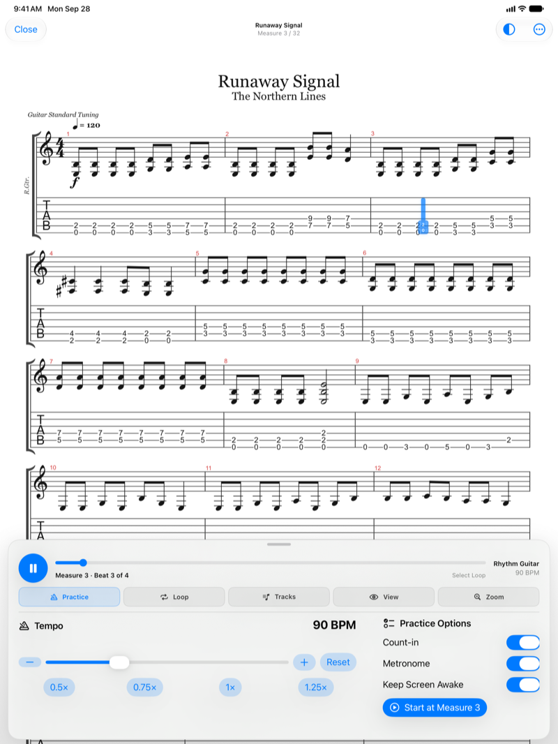 Gig Guitar Pro player on iPad playing Runaway Signal at 90 BPM, with the playhead in measure 3 and tempo, count-in and metronome controls