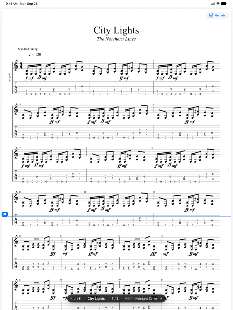 Gig Live Mode on iPad showing full notation with the collapsed performance HUD for the current and next song