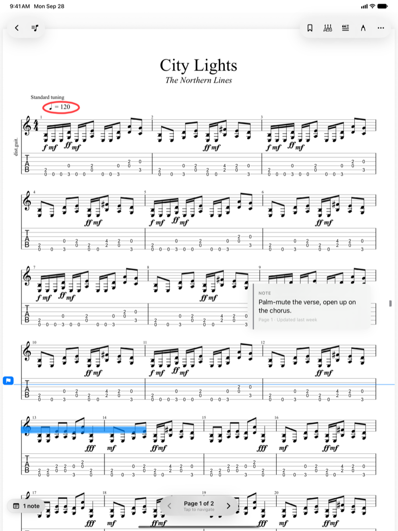 Gig reader on iPad showing a rehearsal note linked to page 1 of City Lights