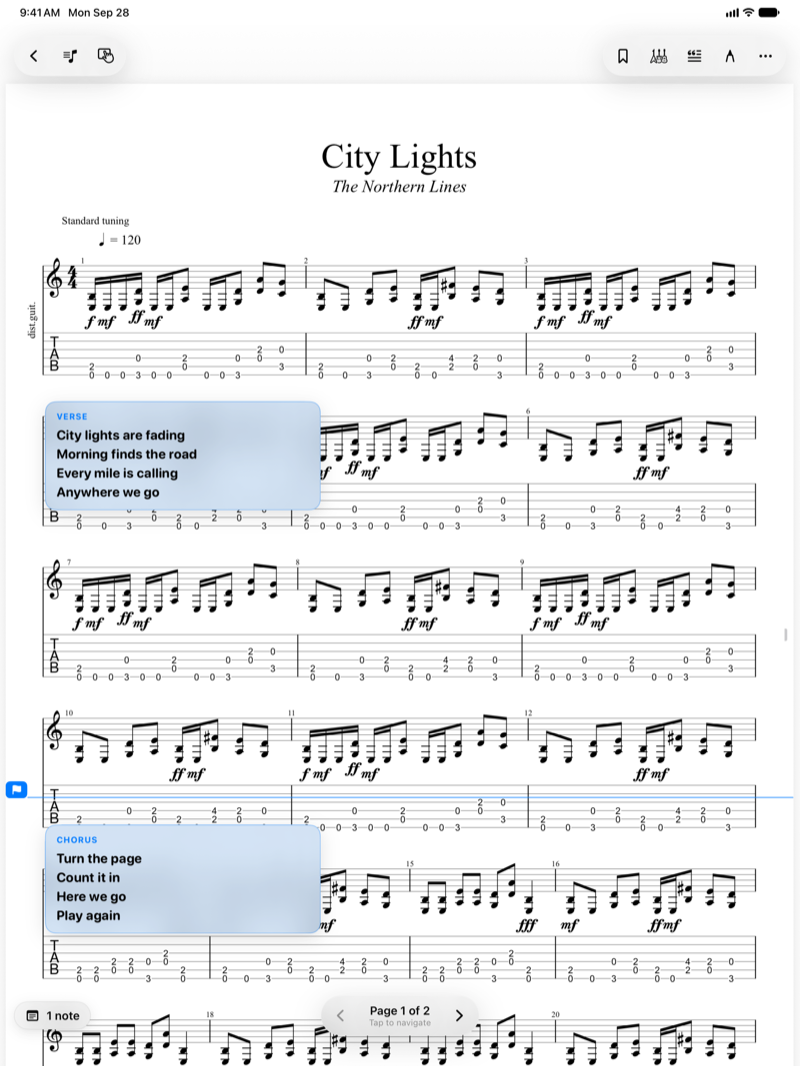 Gig reader on iPad showing the City Lights PDF chart with tab notation and lyric cards