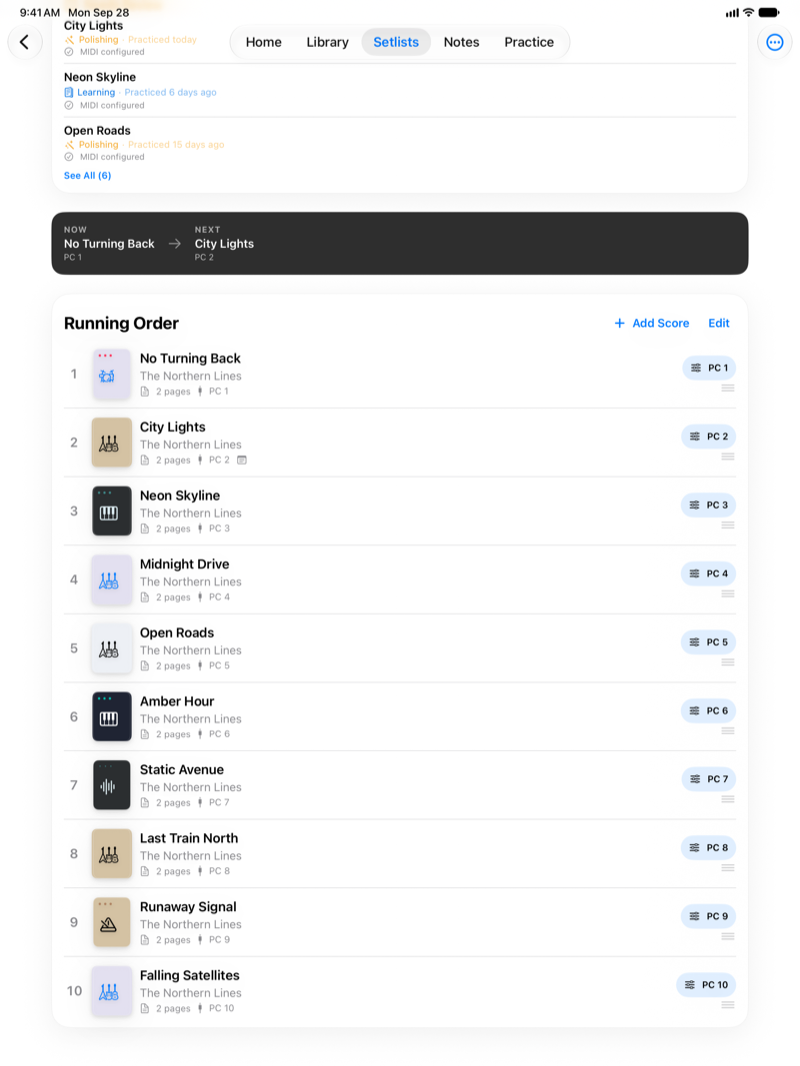 Gig setlist on iPad showing a ten-song running order with now/next and per-song MIDI presets