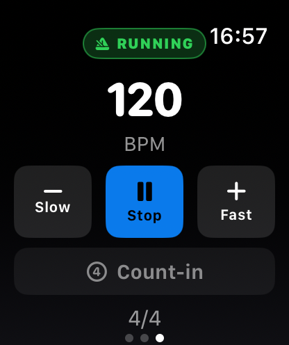 Gig Apple Watch metronome running at 120 BPM in 4/4