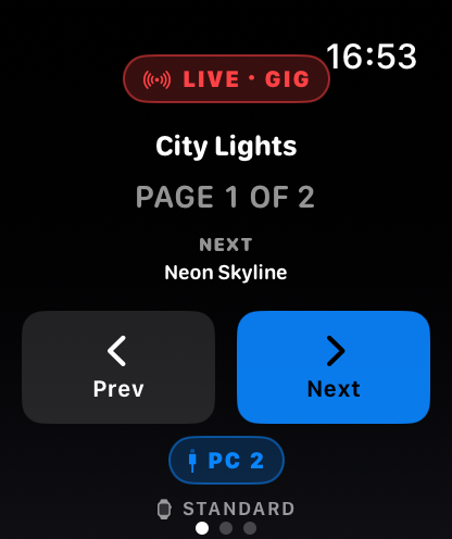 Gig Apple Watch remote showing City Lights in Live Mode, page 1 of 2, with Neon Skyline next