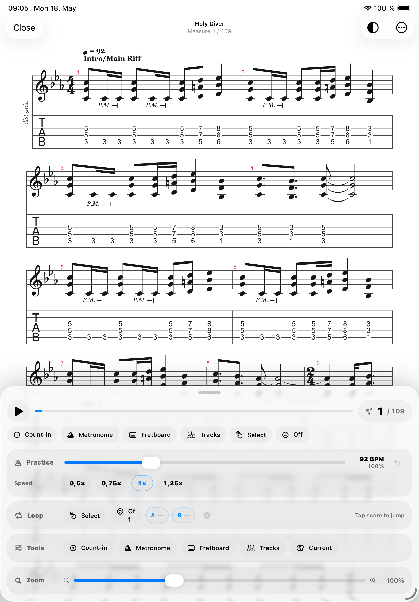 Interactive controls for tempo, loop and zoom