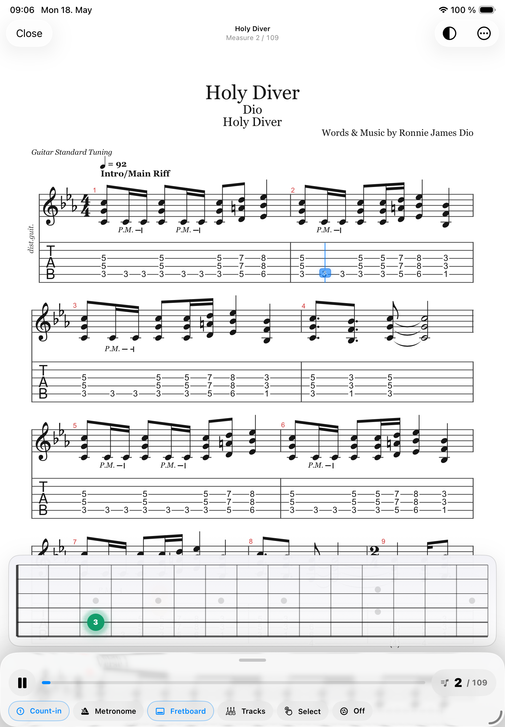 Playback playhead on guitar tab
