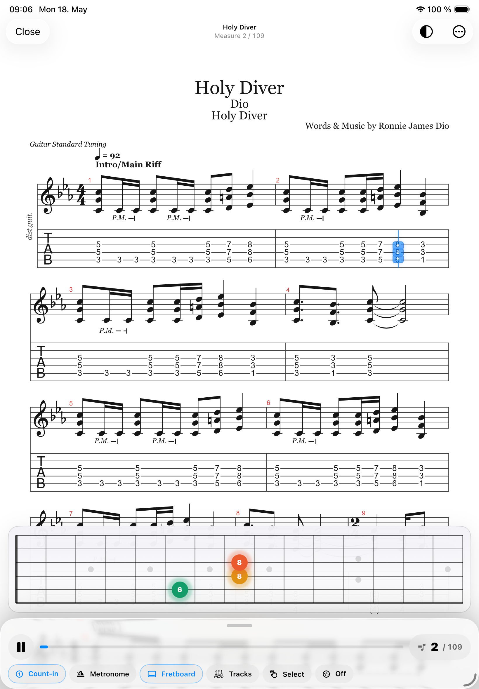 Gig interactive guitar score with fretboard
