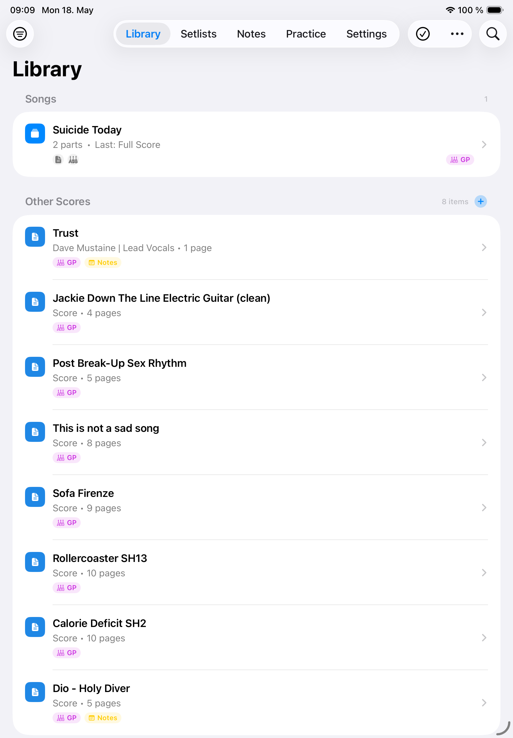 Library grouped by songs and parts