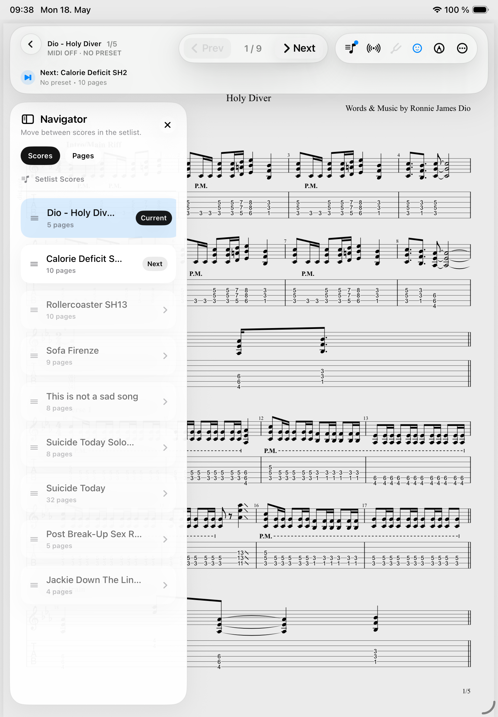 Setlist navigator panel