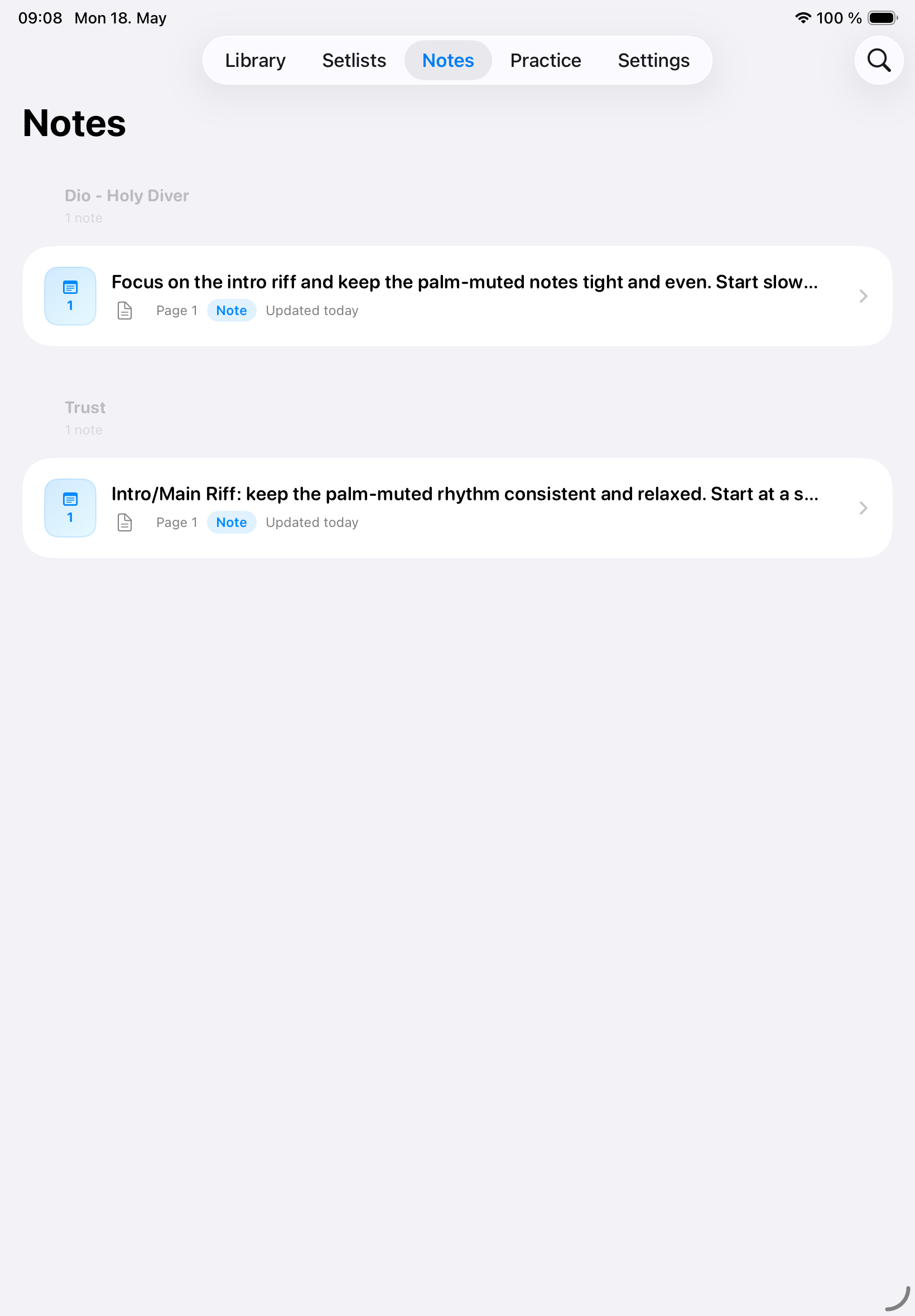 Notes list
