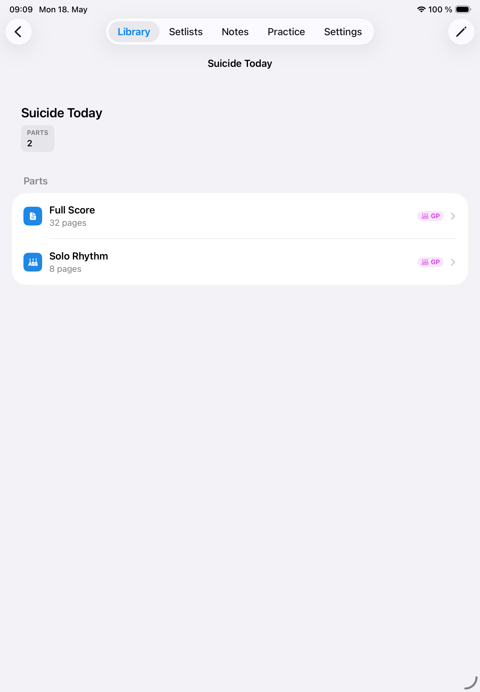 Song parts screen